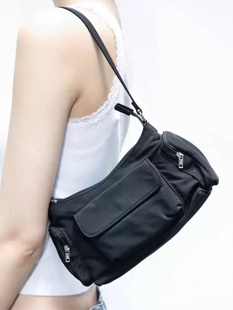 Nylon Simple Black Lightweight Double Pocket Bag