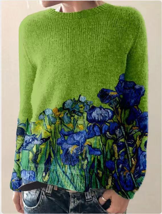 Ladies' 3D Printed Sweater Casual Loose Long Sleeved Knitted Top - A Fashionable And Comfortable Choice For Daily Wear