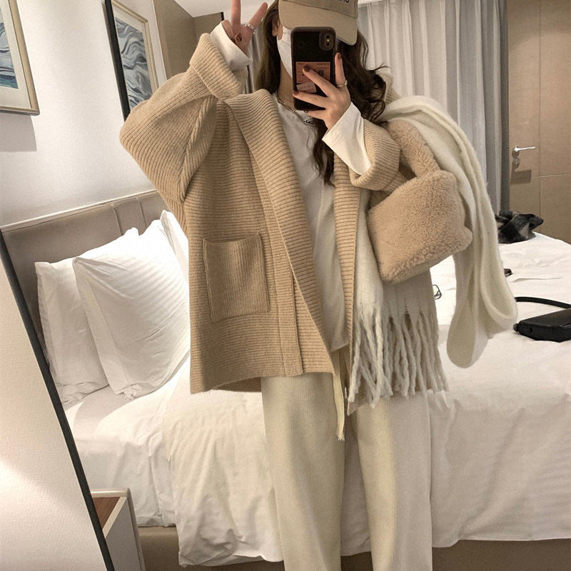 Hooded Pocket Knitted Cardigan Plus Size Women's Thickened