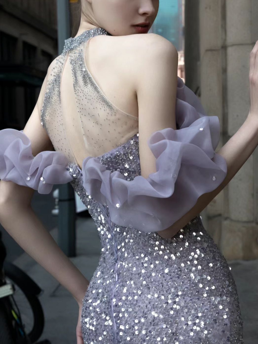 Vestito da sera con perline Purple Host Starry Sky Annual Meeting, modello a cavezza, da sfilata, a coda di sirena