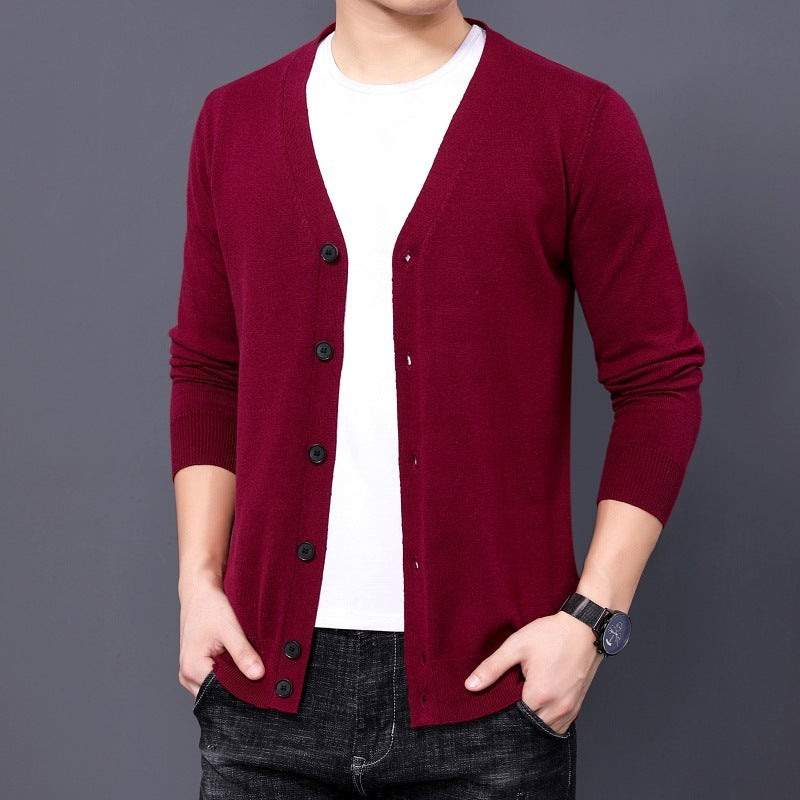 Men's Knitted Cardigan Solid Color And V-neck Basic Style Sweater Coat For Men