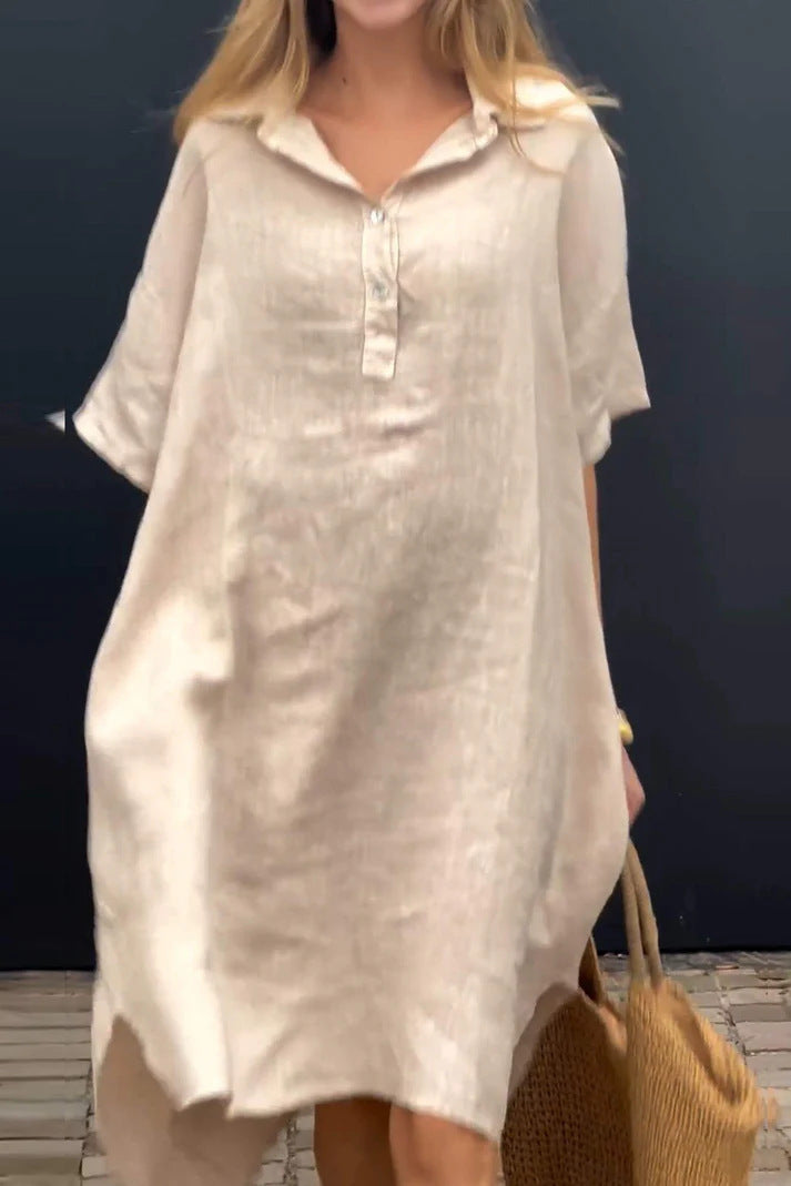 New Solid-color Casual Cotton-linen Long Dress With A Turn-down Collar And Buttons