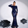 Abito da sera lungo da banchetto con paillettes, manica lunga, scollo a giro, elegante e sexy