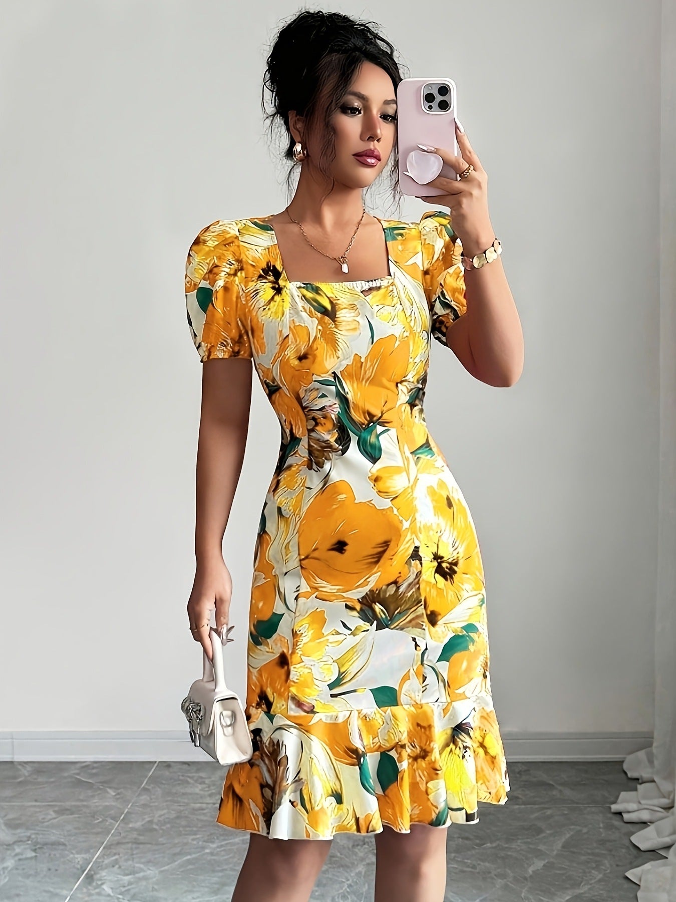 Womens Retro Square-Neck Puff-Sleeve Waist-Cinching Ruffle-Trim Dress