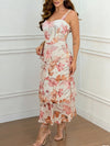 Floral Print Spaghetti Strap Waist-Cinched Double-Layer Ruffle Midi Dress