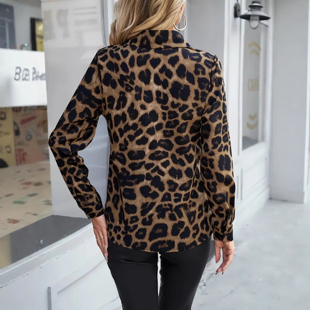 Camicia casual a maniche lunghe da donna con fibbia e colletto con stampa leopardata