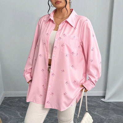 New Plus Size Womens Shirt Jacket With Bow Tie And Print Long Sleeve Top