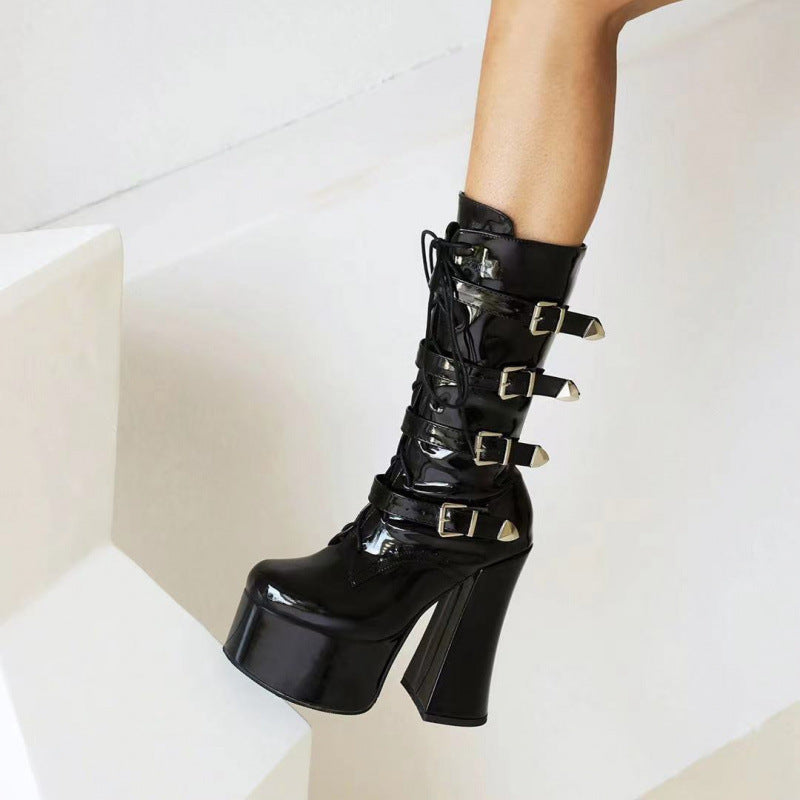 Female British Style Super High Waterproof Platform Thick Heel Platform Martin Boots