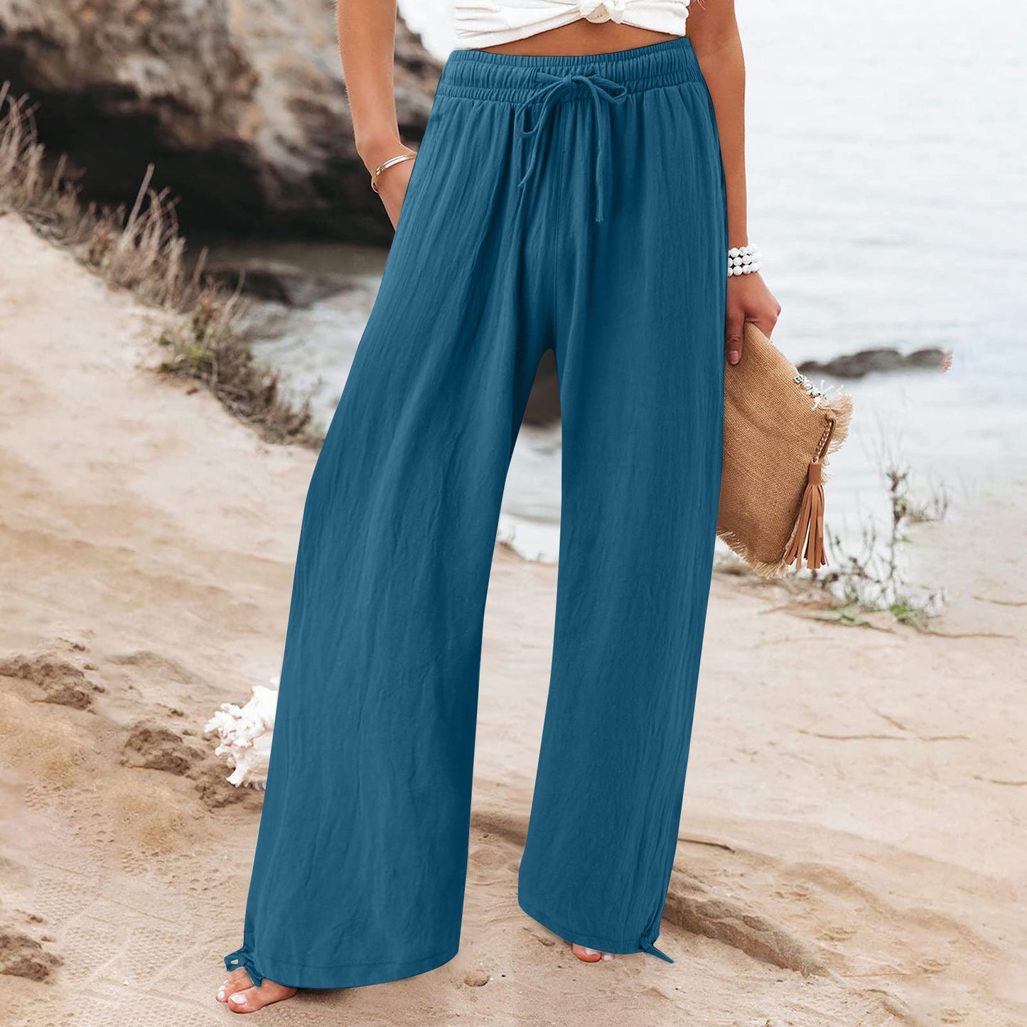 Womens Elastic Casual Solid-color Wide-leg Pants