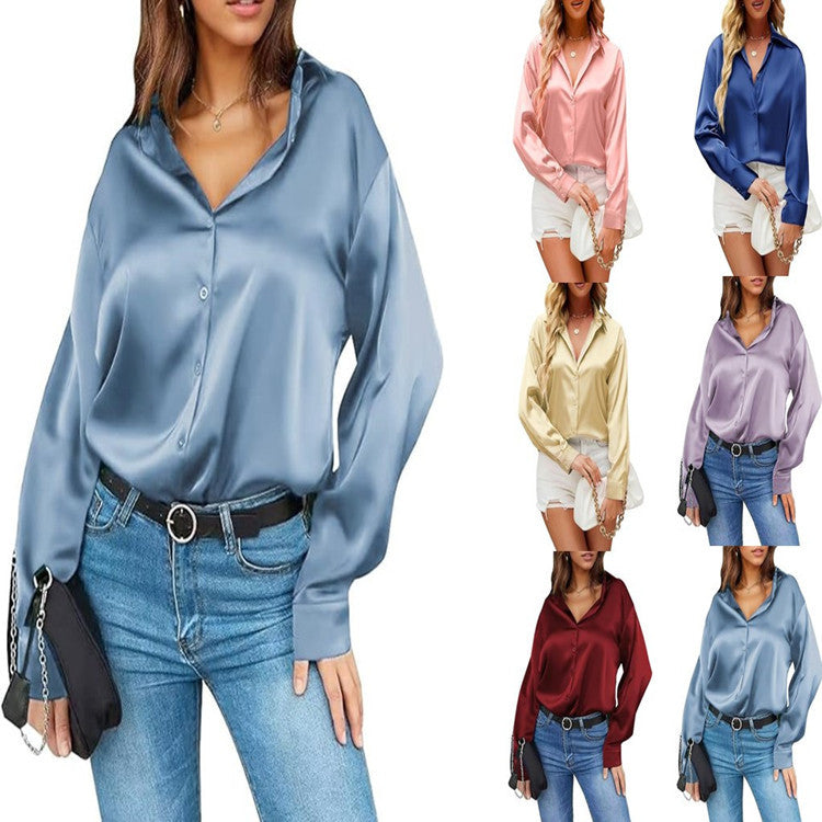 Versatile Satin Silk Button-Down Womens Blouse