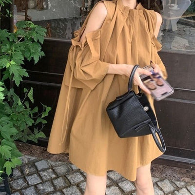 Retro Coffee-colored Lace-up Off-shoulder Dress