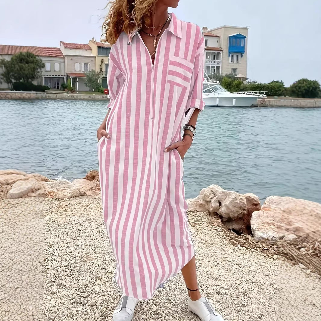 Womens Elegant Casual Loose-Fit Striped Long Shirt Dress