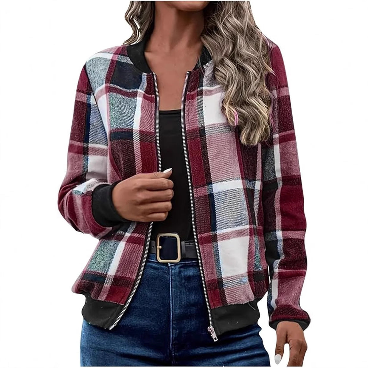 Temperament Commute Women's Plaid Zipper Baseball Uniform