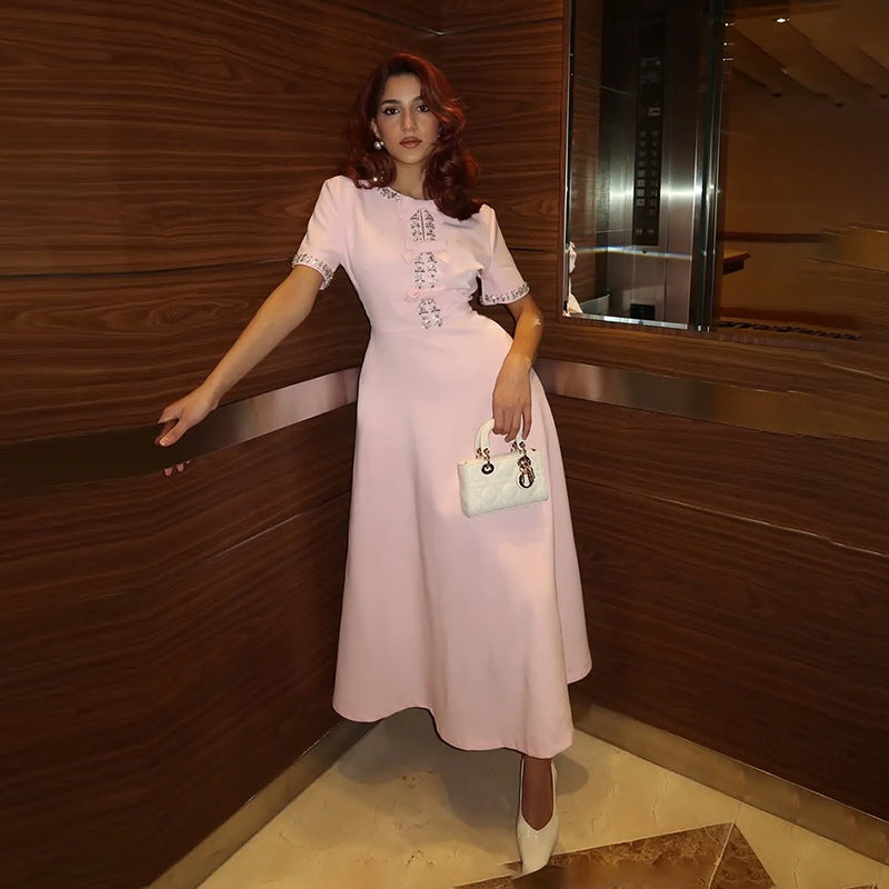 New Stylish Long Dress With A Round Neckline Bow Detail And Patchwork Design