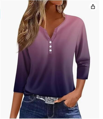 Women's T-shirt V-neck Half-open Tube Three-button Printed 34 Sleeves Top