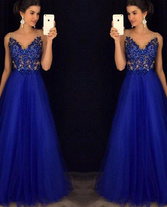 Abito lungo elegante blu in chiffon con perline e schiena scoperta a pois