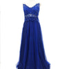 Abito lungo elegante blu in chiffon con perline e schiena scoperta a pois