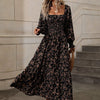 Womens Autumn Floral Square-Neck Long-Sleeve Dress