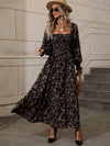Womens Autumn Floral Square-Neck Long-Sleeve Dress