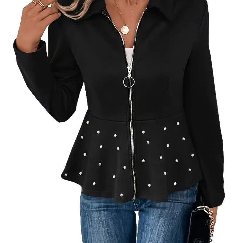 Women's Beaded Heavy-duty Zipper Ruffled Hem Coat