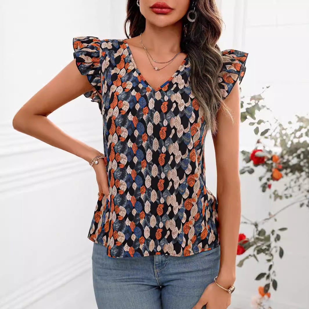 Nuova Maglietta da Donna con Scollo a V a Maniche Corte, Stile Europeo e Americano, con Stampa