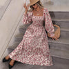 Womens Autumn Floral Square-Neck Long-Sleeve Dress