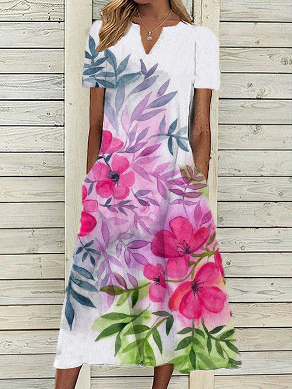 Women's Oil Painting Flower V-neck A- Line Dress