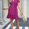 Womens Summer Dresses Short Sleeve V Neck Drawstring Casual Flowy Ruffle A-Line Swing Mini Babydoll Tunic Dress