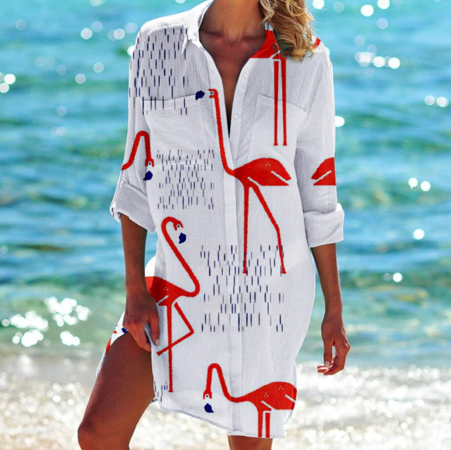 Womens Printed Resort Beach Shirt Bikini Cover-Up Blouse