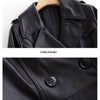 Black Long Tie Double Breasted Leather Wind Coat