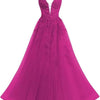 Women's Spaghetti Strap Tulle Long Applique Lace Dress With Long Dress