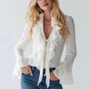 French-Elegant Solid-Color V-Neck Ruffle Blouse With Puff Sleeves
