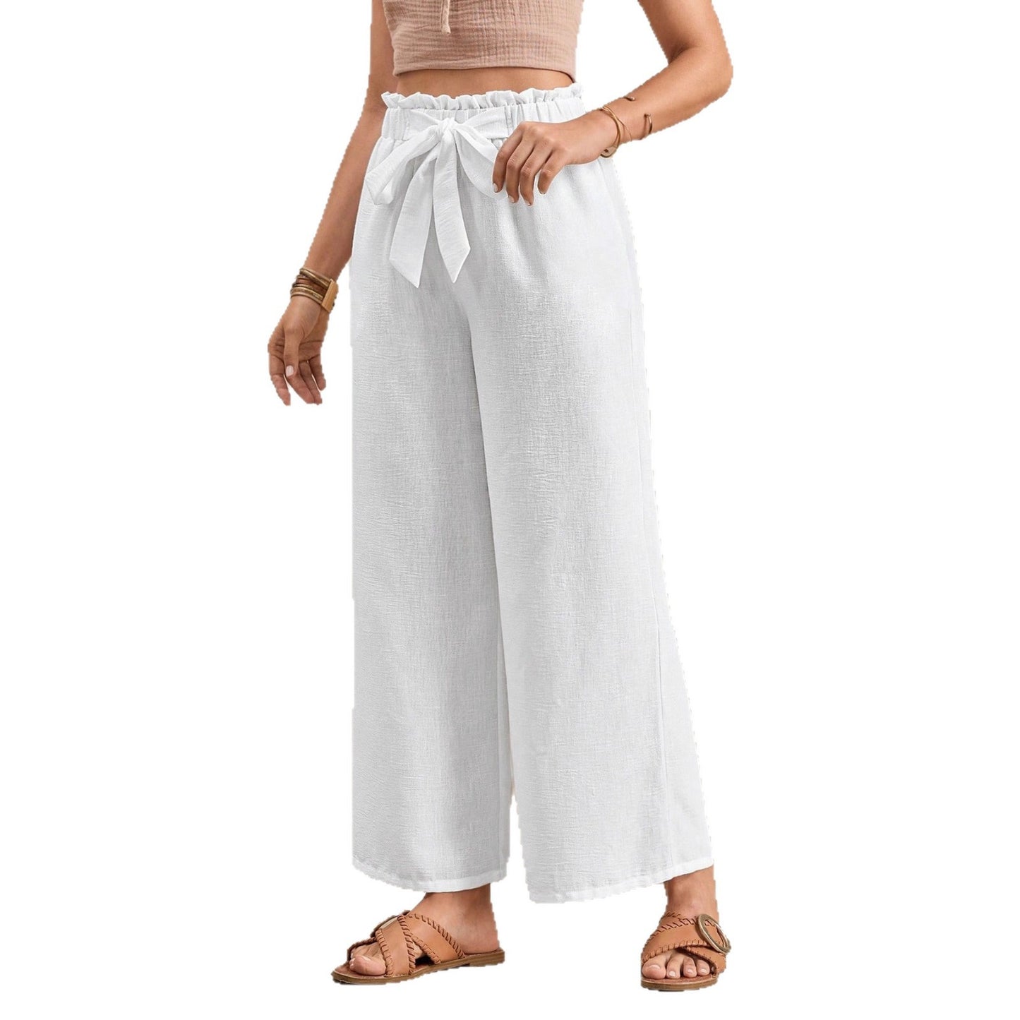 Pantaloni Larghi Casual da Resort con Fascia in Vita a Fiocco