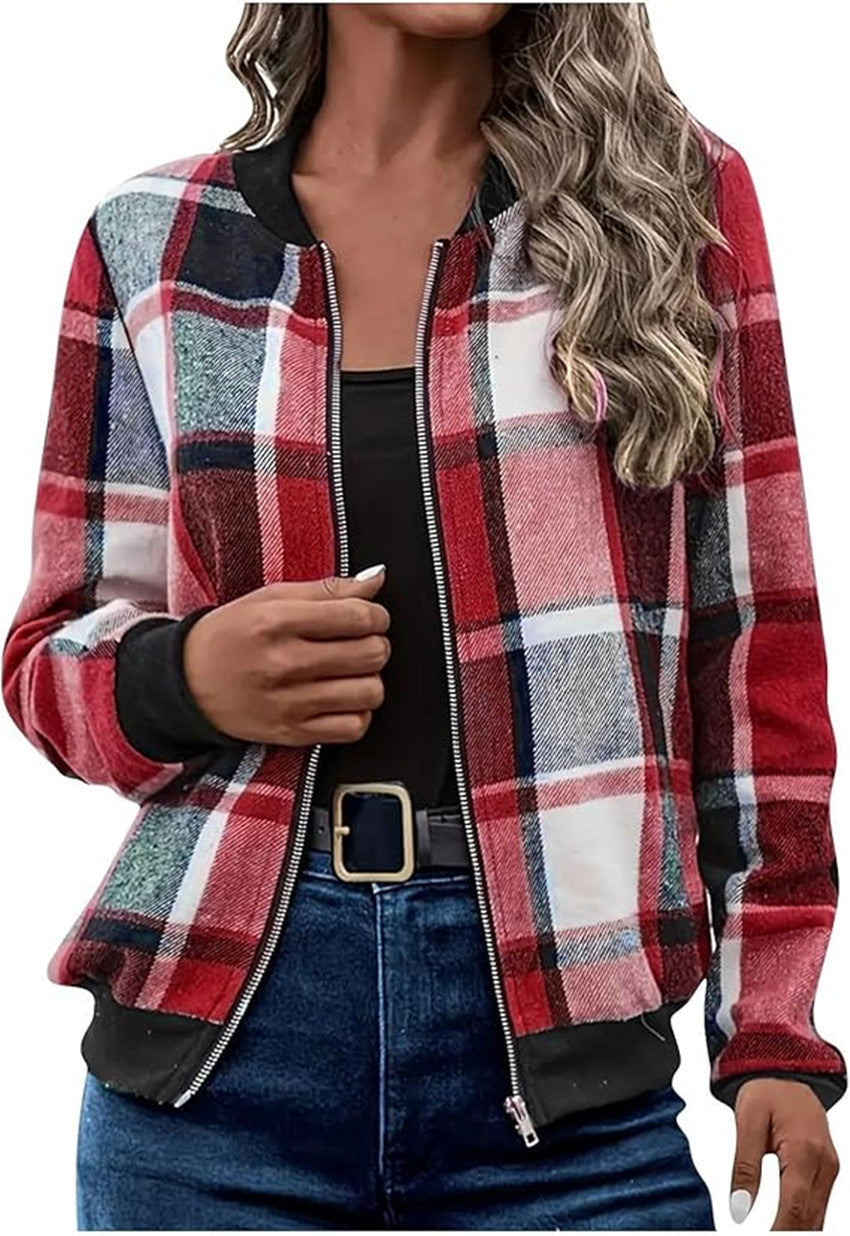 Temperament Commute Women's Plaid Zipper Baseball Uniform