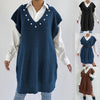 Preppy Style Casual Vest Dress V-neck Beaded Loose