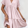 Sweet V-neck Solid Color Wide Hem Leisure Skirt Dress
