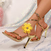 Sandali da donna estivi 2026 con tacco a spillo e motivo floreale, cinturino alla caviglia, punta aperta, scarpe eleganti da festa, taglie forti