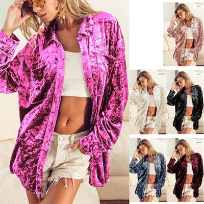 Long Sleeve Polo Collar Solid Color Gold Velvet Loose Shirt