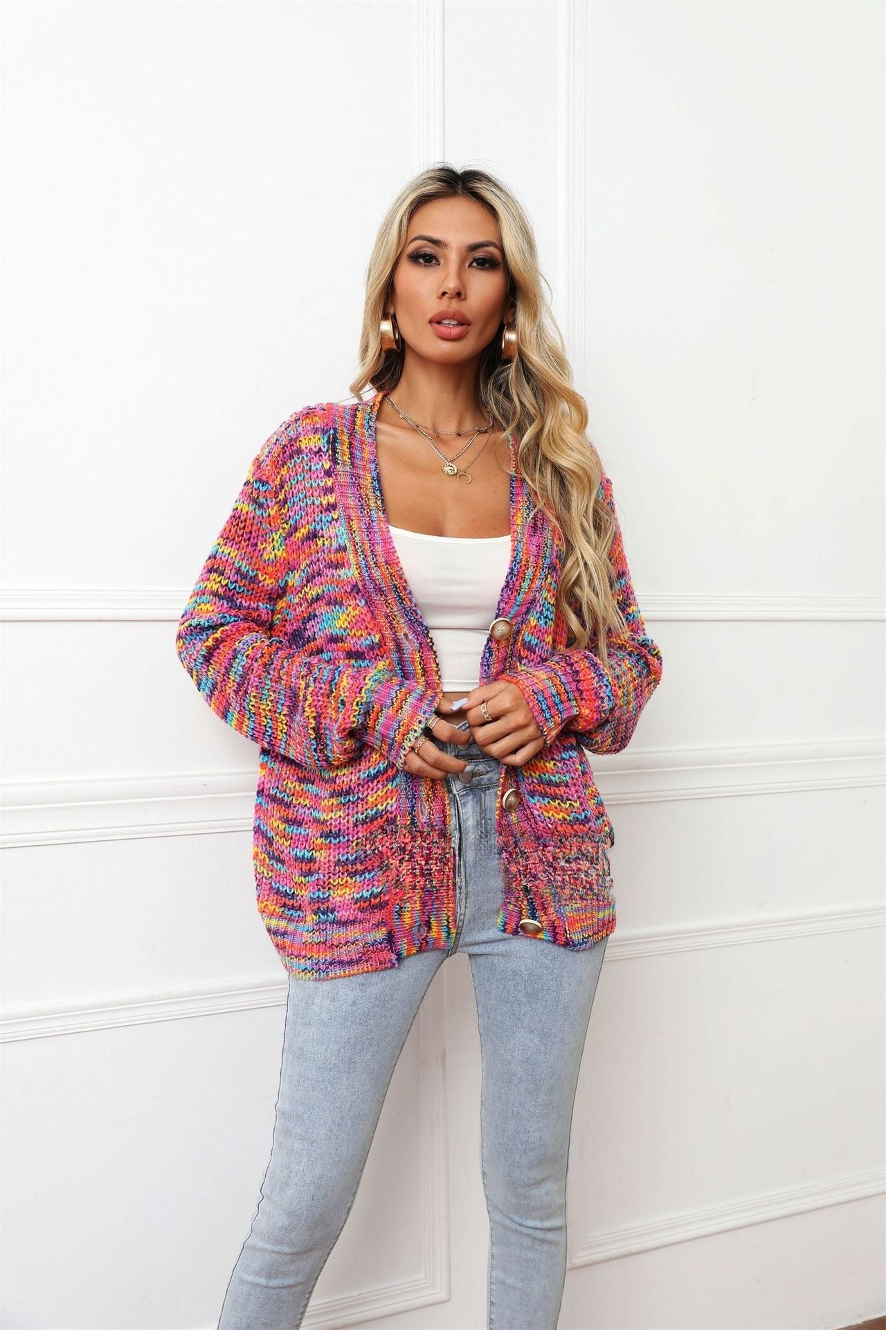 Rainbow Mixed Color Festival Dyed Short Cardigan Knitted Coat