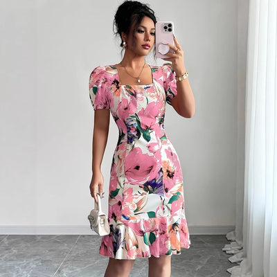 Womens Retro Square-Neck Puff-Sleeve Waist-Cinching Ruffle-Trim Dress