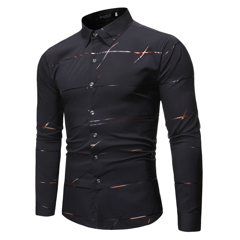 Camicia da uomo a maniche lunghe con stampa bronzata e colletto alla coreana modello Henry