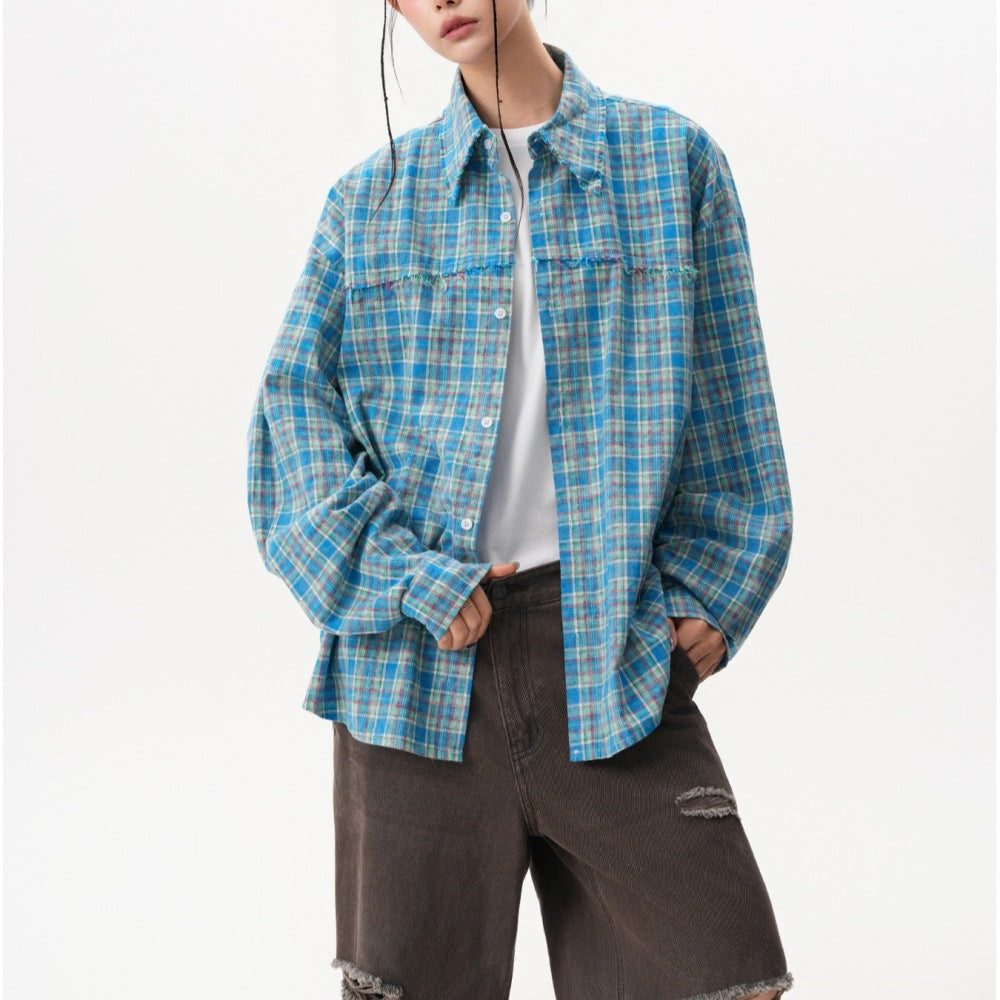 Giacca-camicia a maniche lunghe in fantasia scozzese trendy stile americano