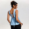 Top smanicato scollato a V profonda, senza schienale, in pizzo, allacciato, stile francese chic