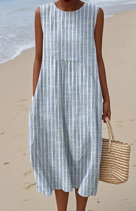 Pocketed Crew-neck Dress With Geometric And Floral Elements