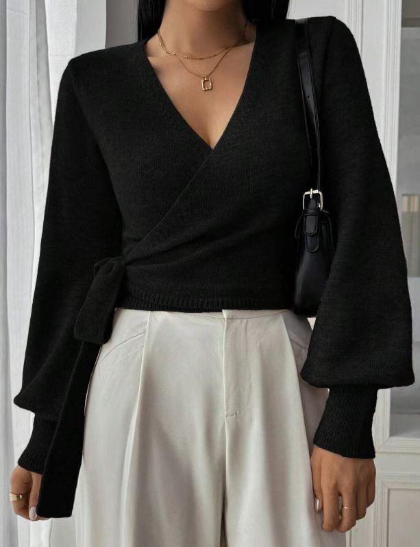 Autumn And Winter Irregular Lace-up Elegant Wool Short Clothes Top