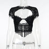 Sexy Lace Stitching Short Sleeve Hollow-out Top High Waist Straight Bootcut Pants Suit