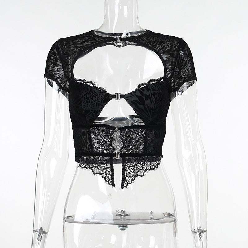 Sexy Lace Stitching Short Sleeve Hollow-out Top High Waist Straight Bootcut Pants Suit