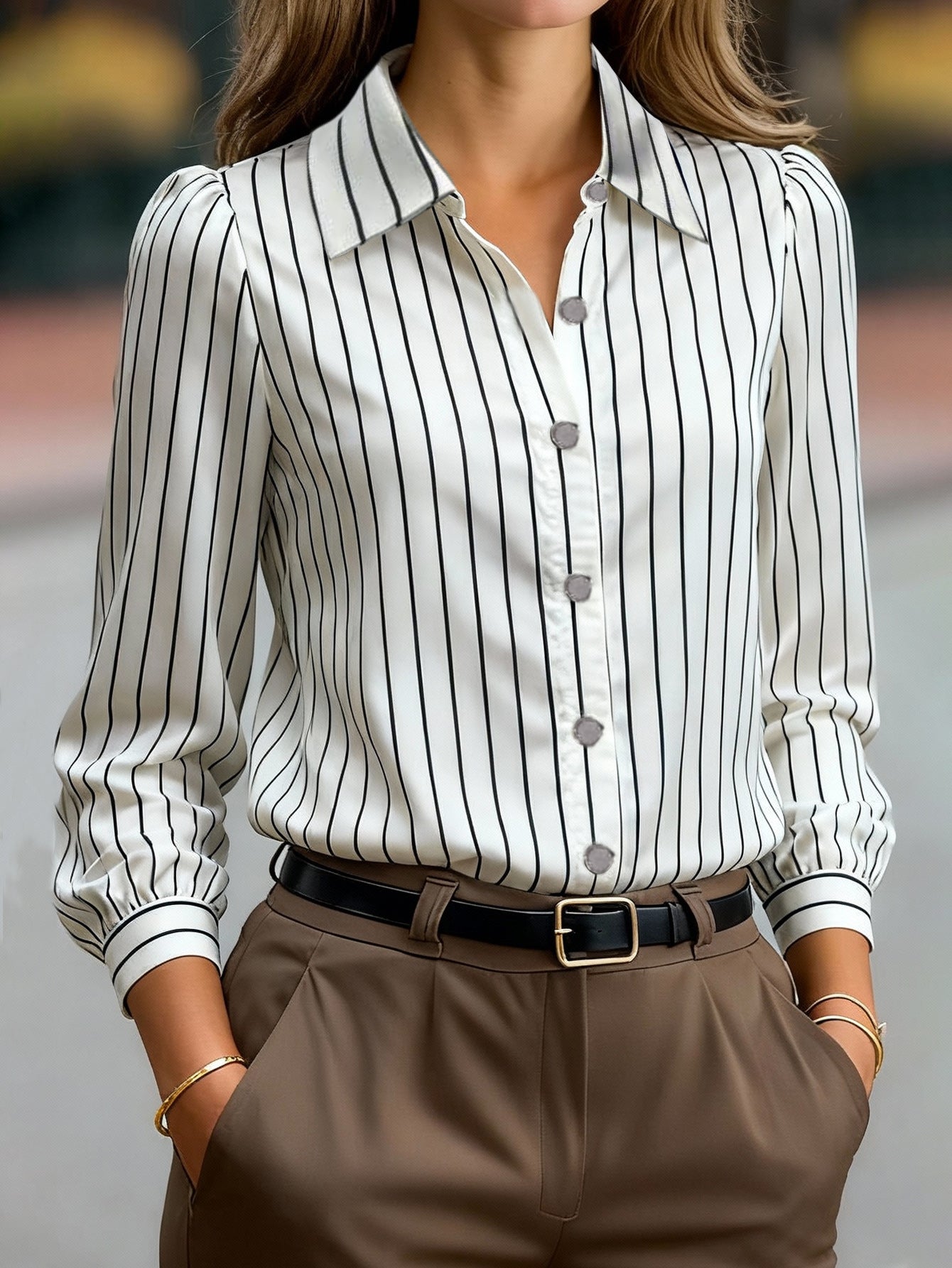 Black And White Striped Silky Satin Lapel Shirt