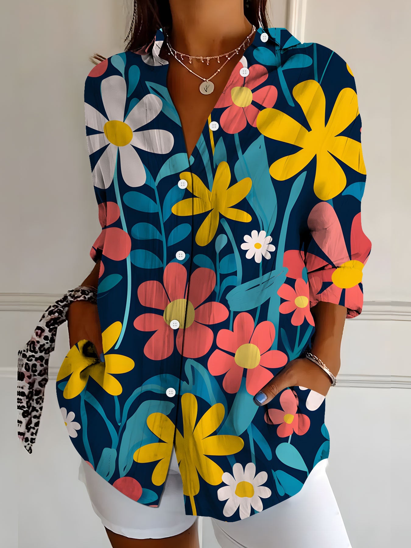 Camicia da donna a maniche lunghe, stampa floreale retrò ed elegante