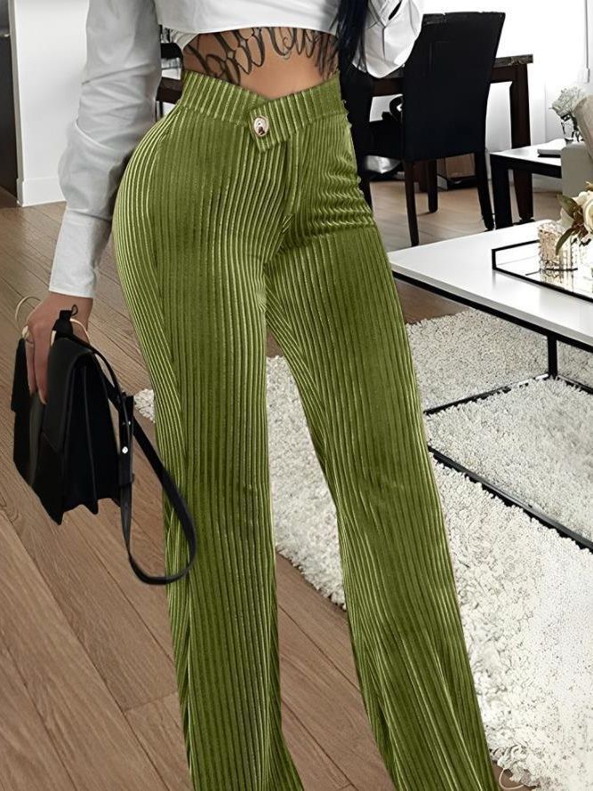 Fashionable Gold Velvet Striped Casual Women's Pants